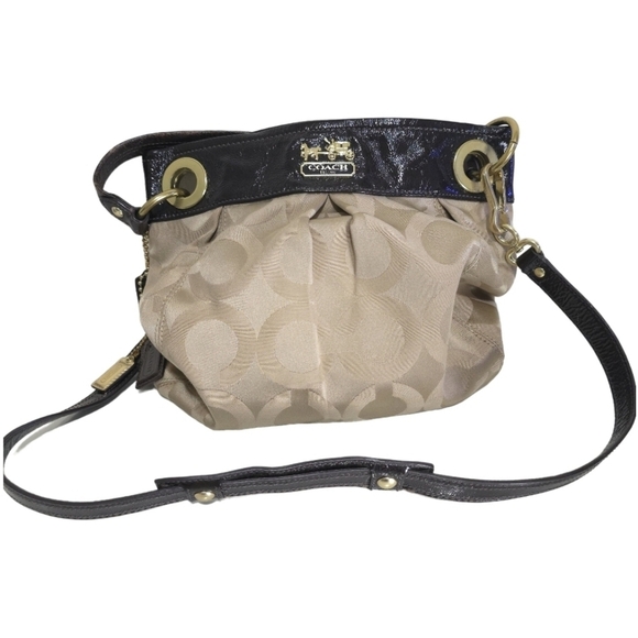 COACH Brown Tan Printed Canvas Patent Leather Top Handle Shoulder Tote Bag - Picture 2 of 16